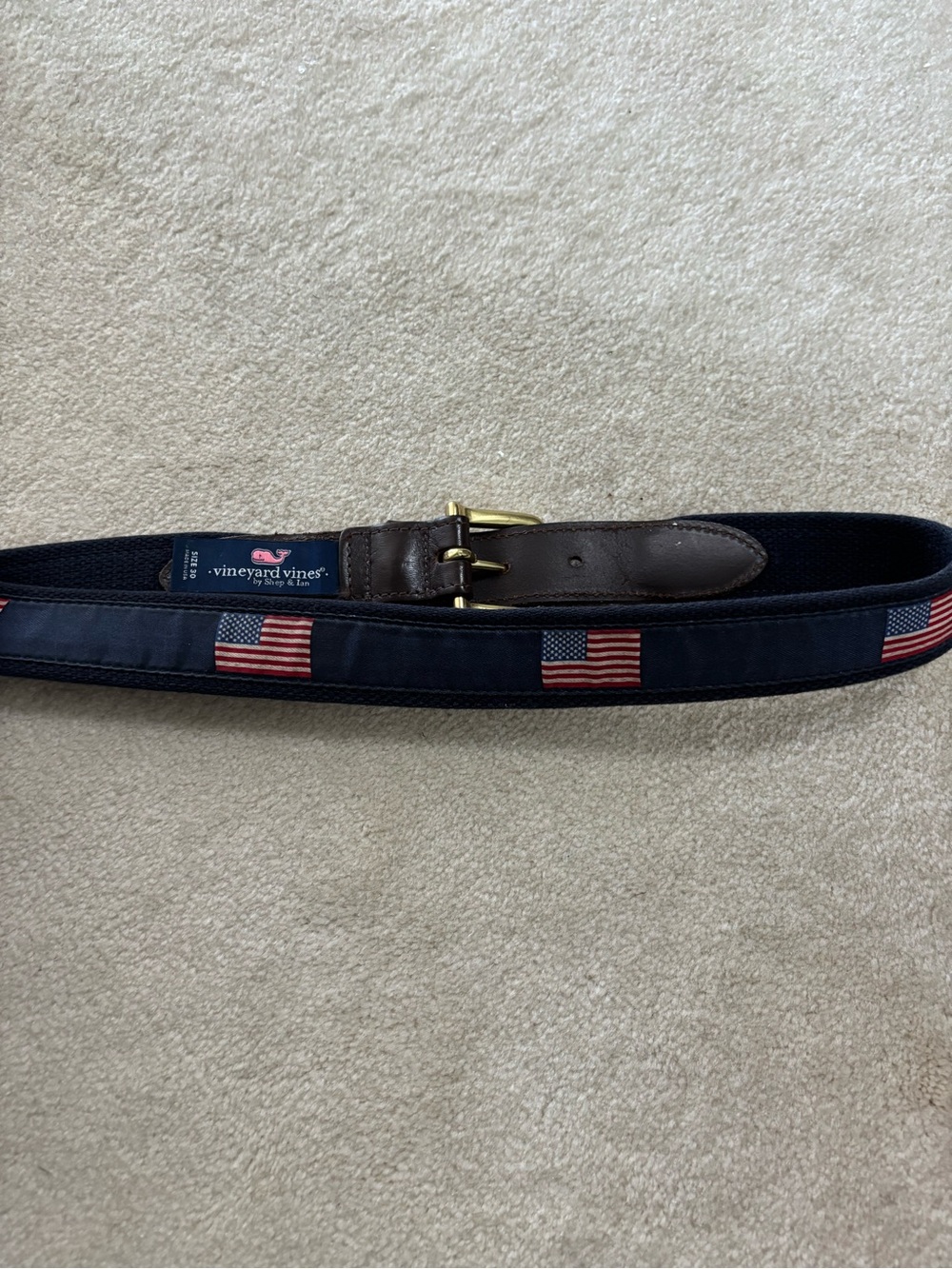 Vineyard Vines Navy Ribbon Belt with Brown Leather & Brass Buckle size 30 - Picture 4 of 4